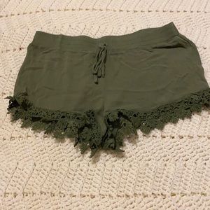 Olive Green Lace Trim Women Shorts